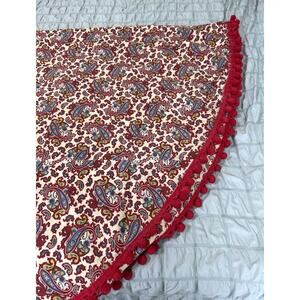 vintage tablecloth Cotton Oval 42x80 Inches Red Paisley Pompom Trim